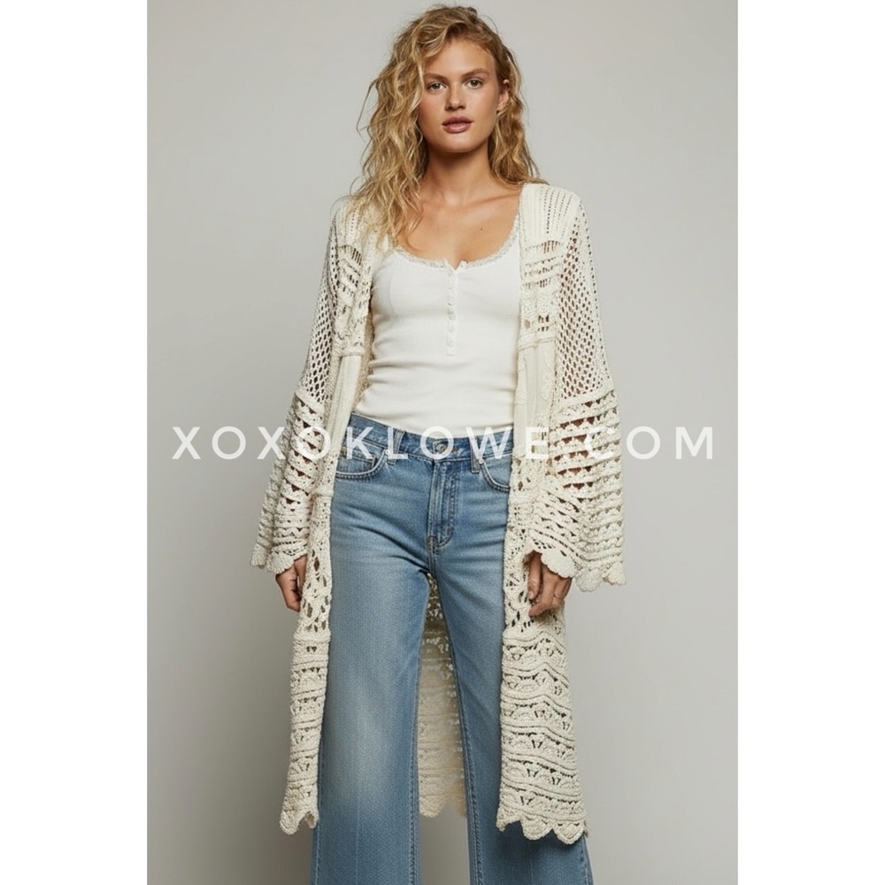 POL Cream Chenille Crochet Duster Cardigan | Long Open Knit Embroidered Boho - Picture 7 of 10